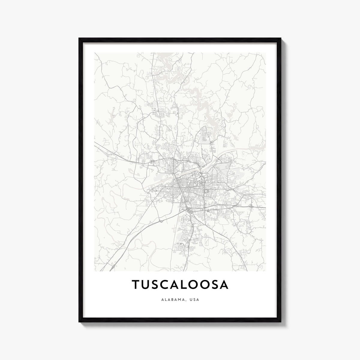 Tuscaloosa black & white map poster of Alabama, USA – vertical wall art, unframed print shown in interior mockup