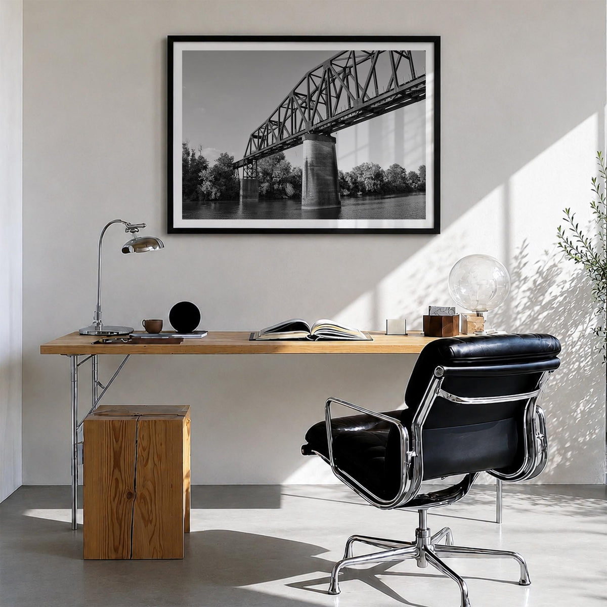Tuscaloosa black & white photo poster of Alabama, USA – horizontal wall art in black wood frame with white border, hanging on