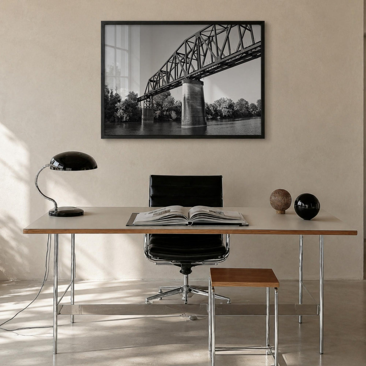 Tuscaloosa black & white photo poster of Alabama, USA – horizontal wall art in black wood frame, hanging on wall