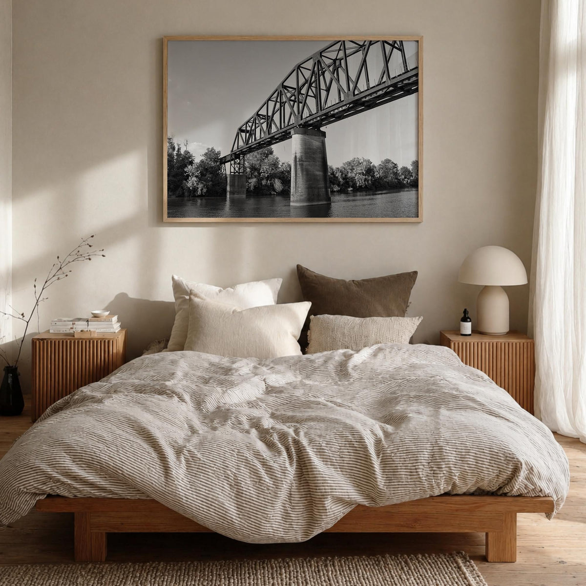 Tuscaloosa black & white photo poster of Alabama, USA – horizontal wall art in natural wood frame, hanging on wall