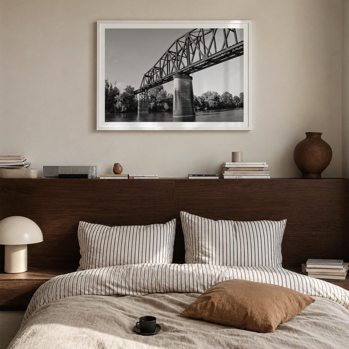 Tuscaloosa black & white photo poster of Alabama, USA – horizontal wall art in white wood frame with white border, hanging on