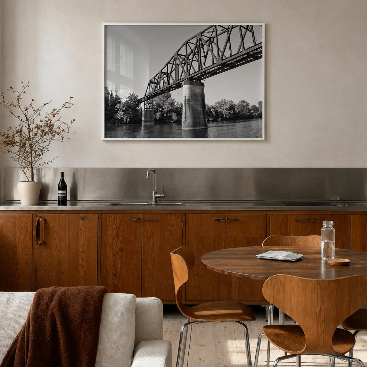 Tuscaloosa black & white photo poster of Alabama, USA – horizontal wall art in white wood frame, hanging on wall