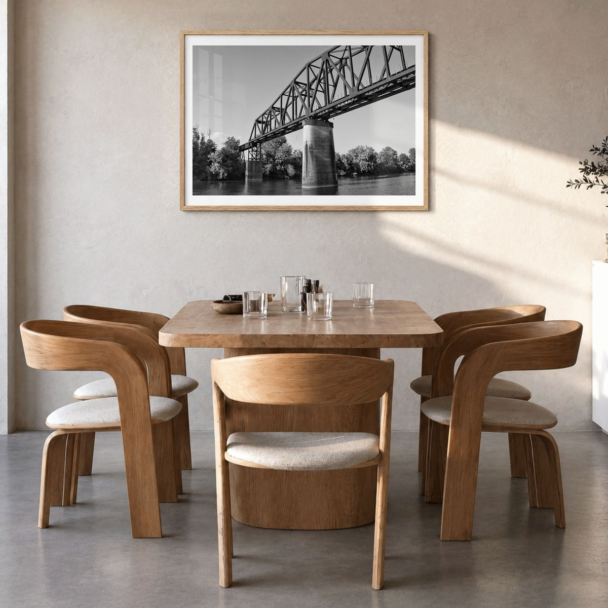 Tuscaloosa Photo Poster in a natural wood frame, hanging in a dining room, white border
