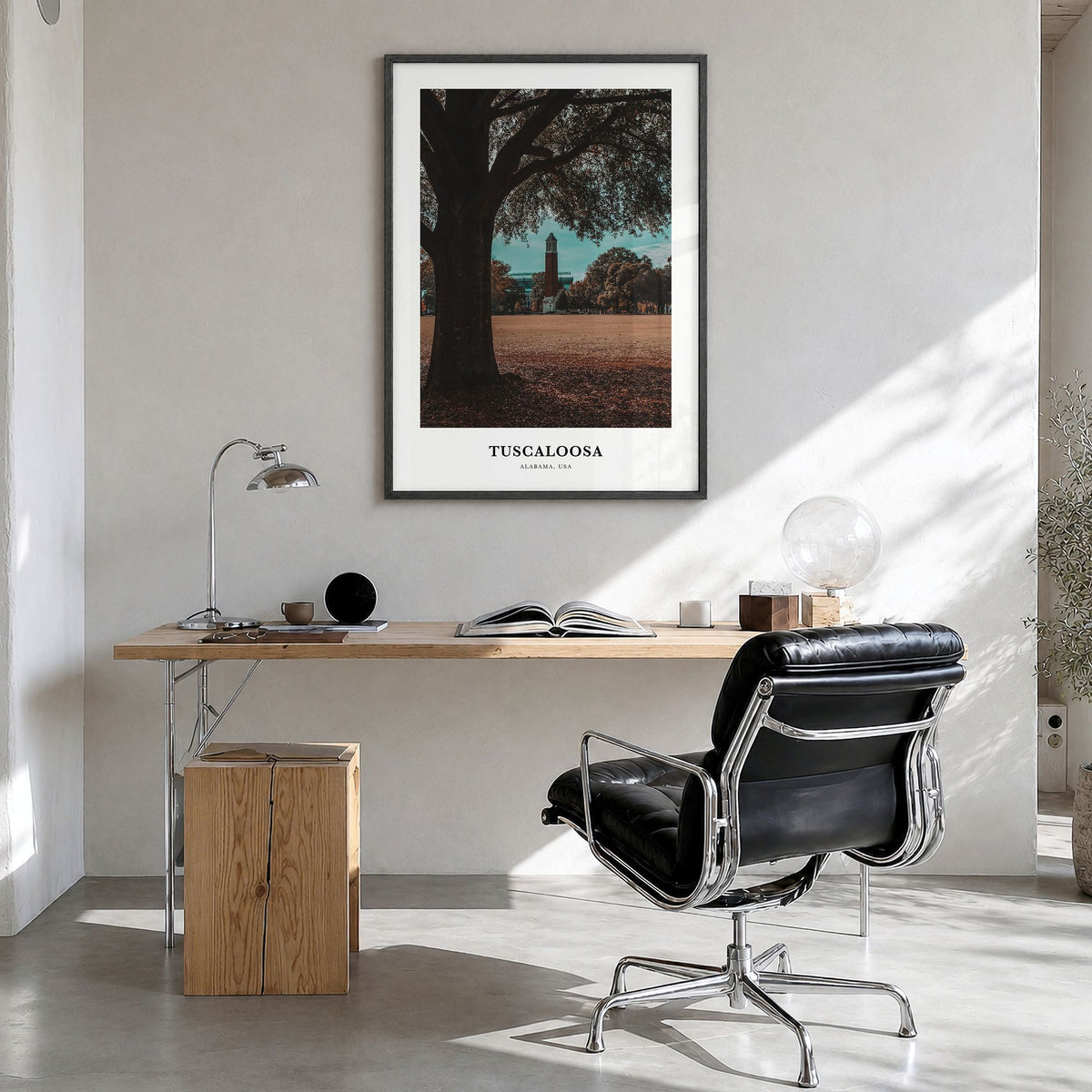 Tuscaloosa Classic Poster in a black wood frame, hanging in a bright home office