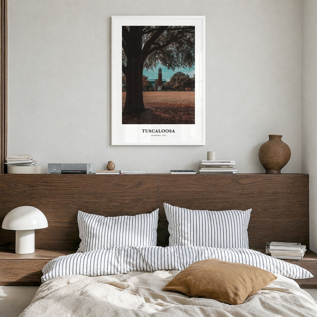 Tuscaloosa Classic Poster in a white wood frame, hanging in a bedroom