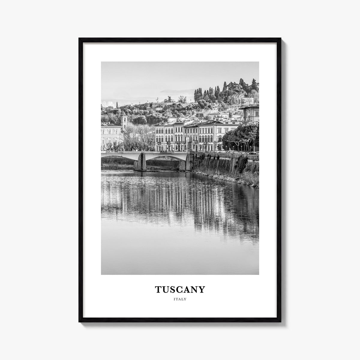 Tuscany black & white classic poster of Italy – vertical wall art, unframed print shown in interior mockup