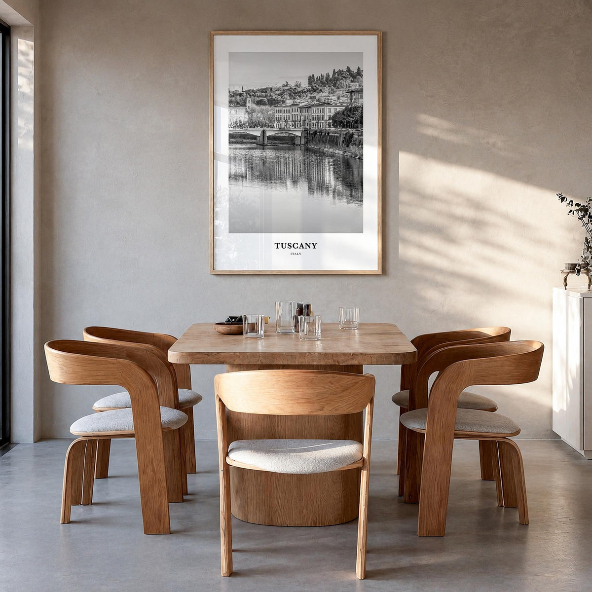 Tuscany black & white classic poster of Italy – vertical wall art in natural wood frame, hanging on wall