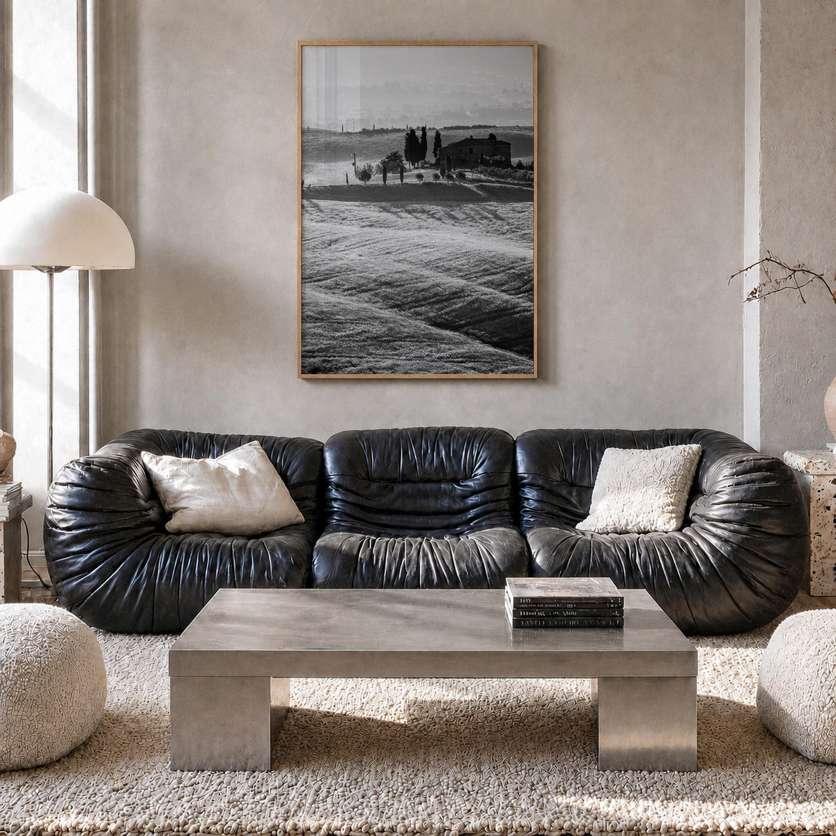 Tuscany no. 1 black & white photo poster of Italy – vertical wall art in natural wood frame, hanging on wall