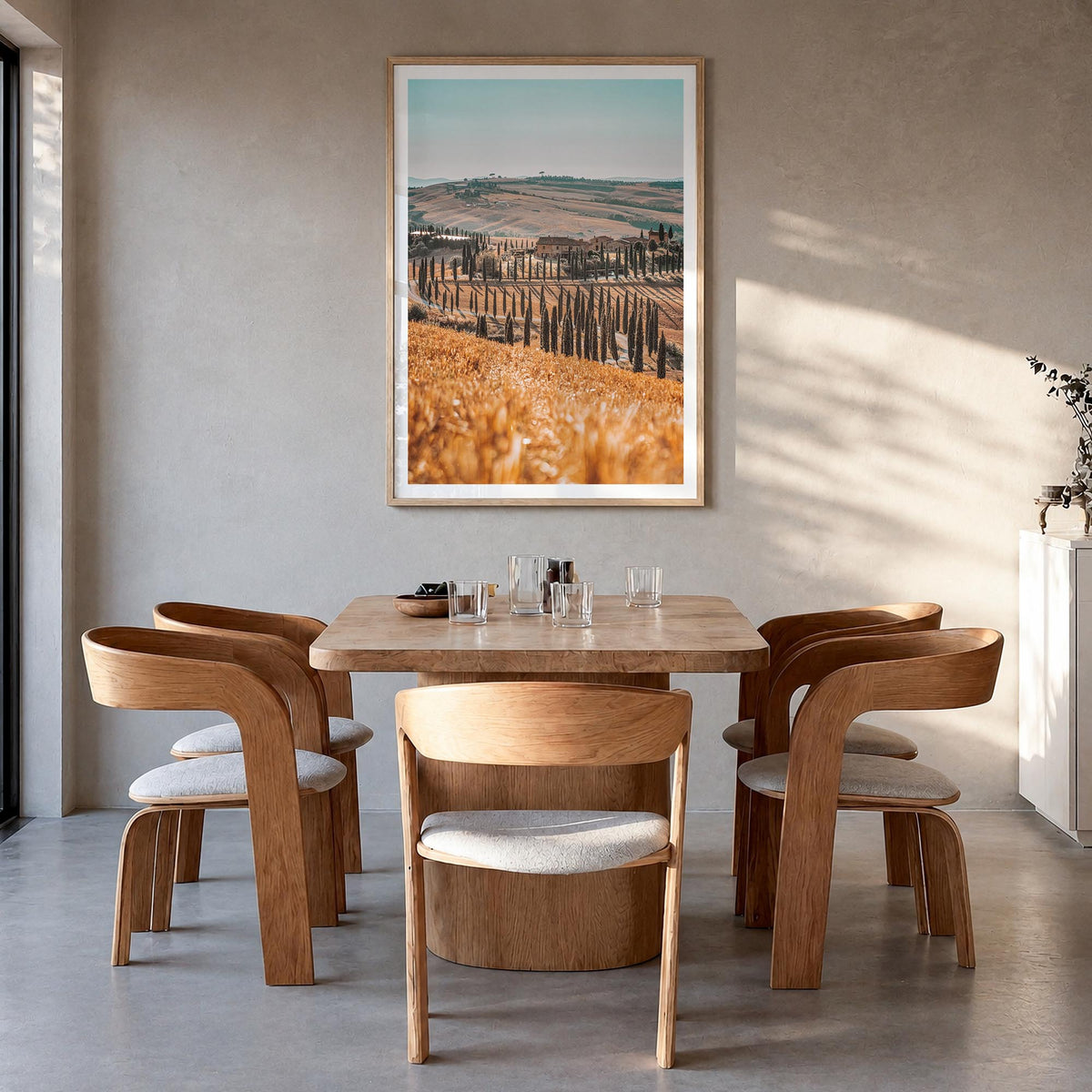Tuscany no. 1 colorful photo poster of Italy – vertical wall art in natural wood frame with white border, hanging on wall