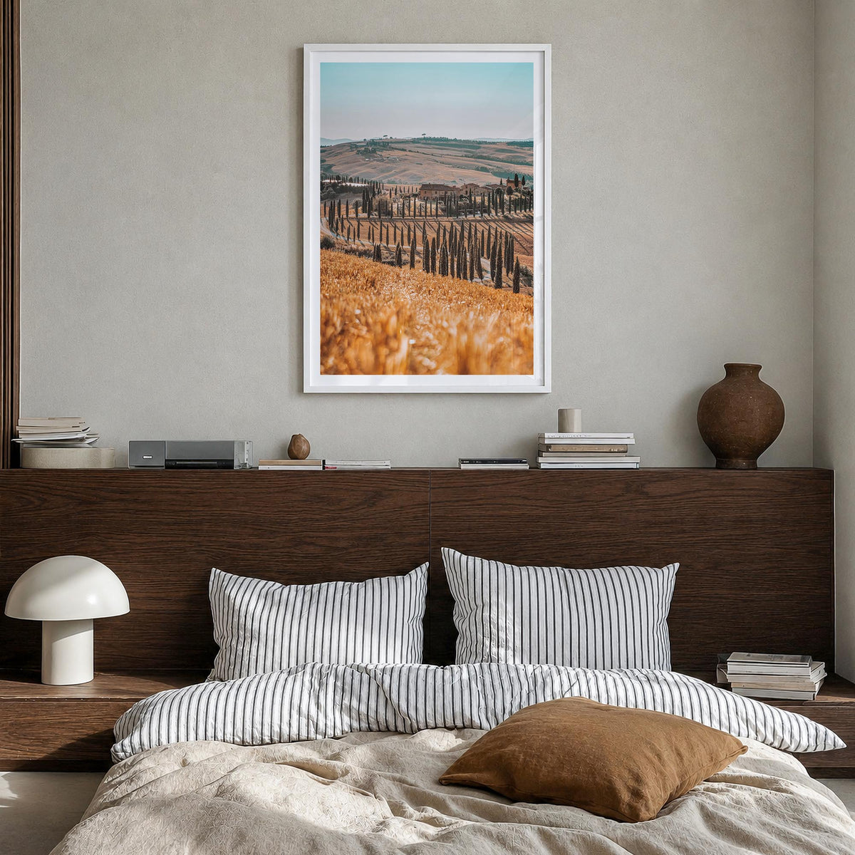 Tuscany no. 1 colorful photo poster of Italy – vertical wall art in white wood frame with white border, hanging on wall