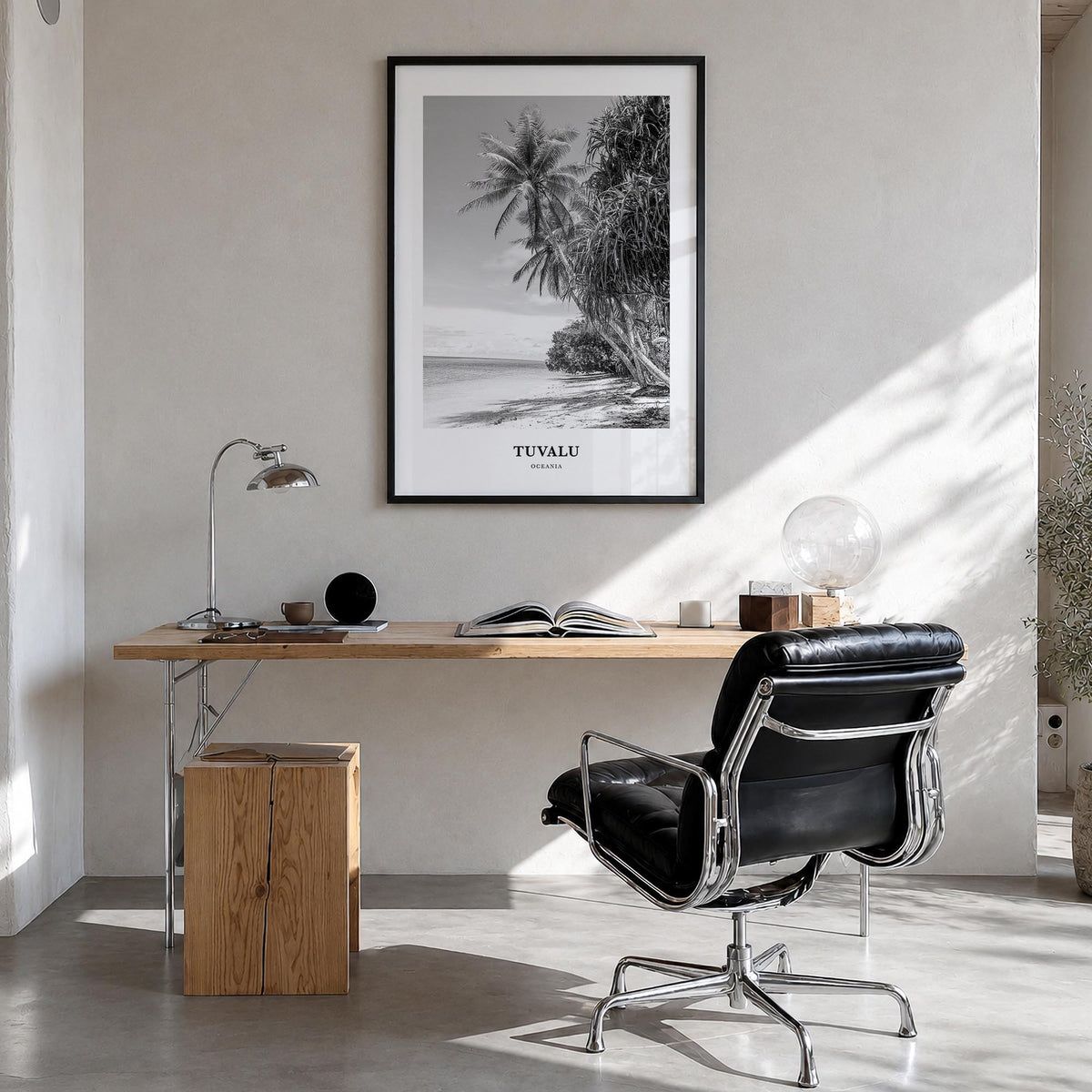 Tuvalu black & white classic poster of Oceania – vertical wall art in black wood frame, hanging on wall