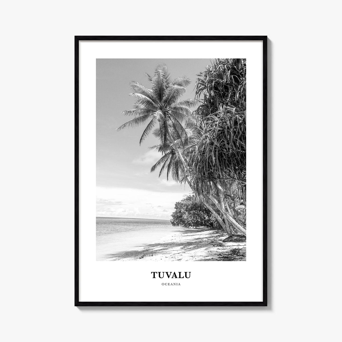 Tuvalu black & white classic poster of Oceania – vertical wall art, unframed print shown in interior mockup