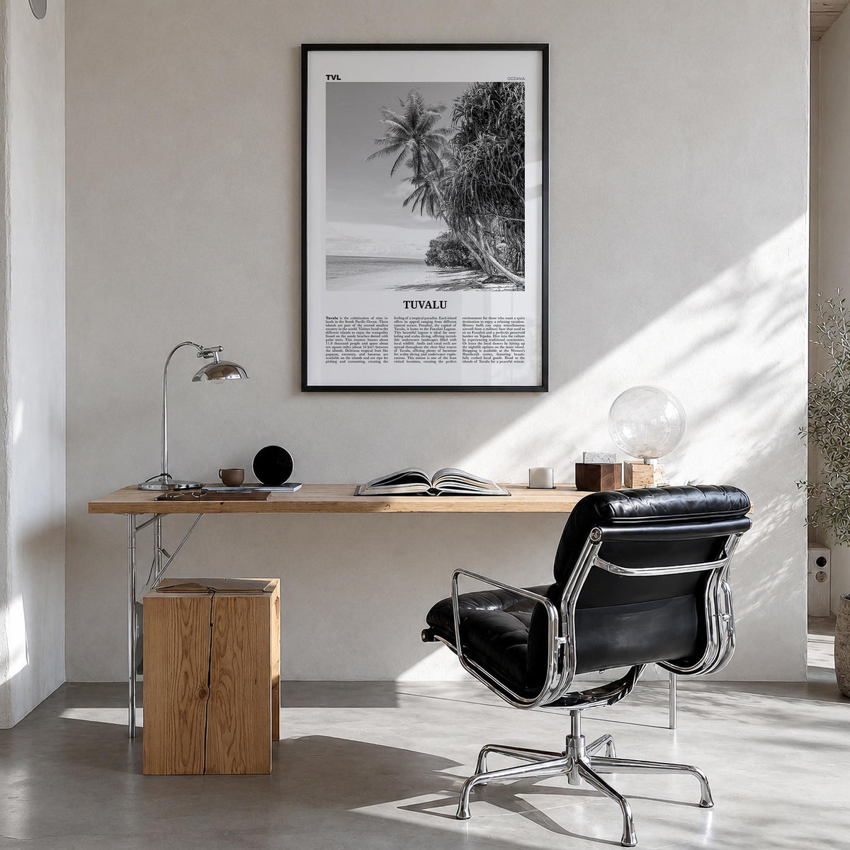 Tuvalu black & white newspaper poster of Oceania – vertical wall art in black wood frame, hanging on wall