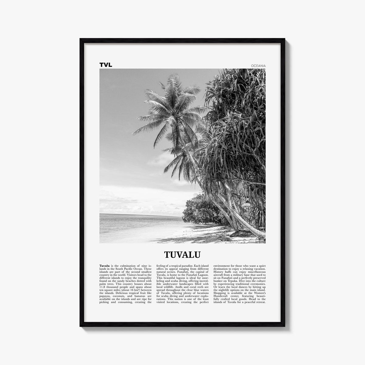 Tuvalu black & white newspaper poster of Oceania – vertical wall art, unframed print shown in interior mockup