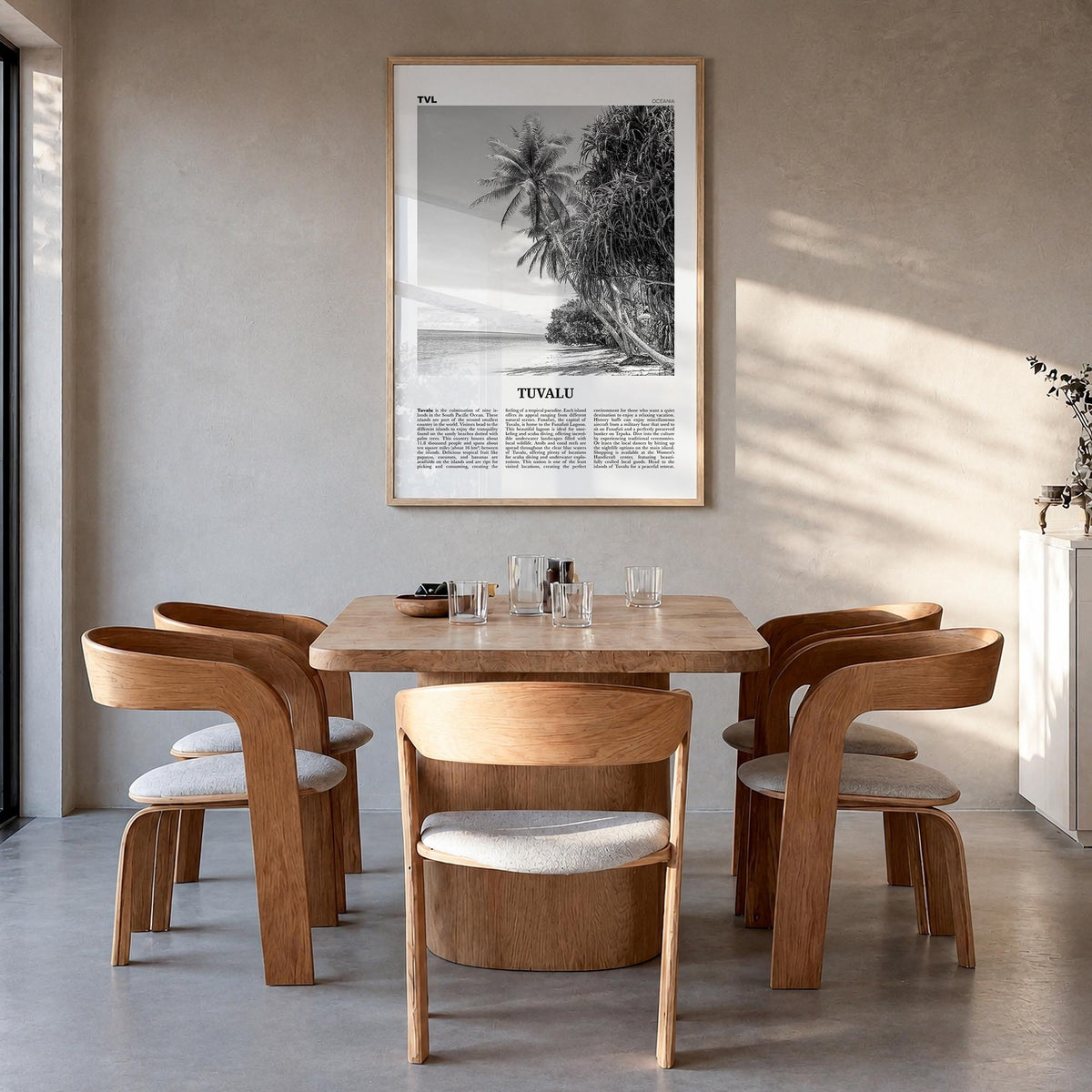 Tuvalu black & white newspaper poster of Oceania – vertical wall art in natural wood frame, hanging on wall
