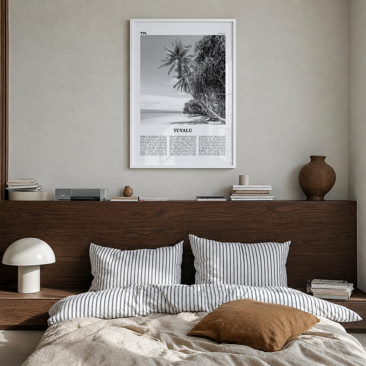 Tuvalu black & white newspaper poster of Oceania – vertical wall art in white wood frame, hanging on wall