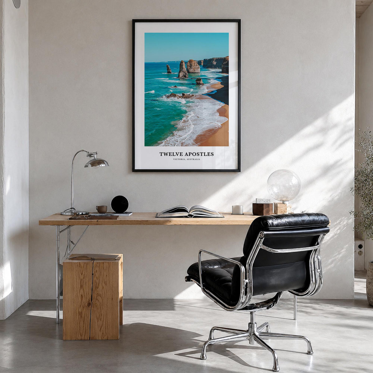 Twelve Apostles colorful classic poster of Australia – vertical wall art in black wood frame, hanging on wall