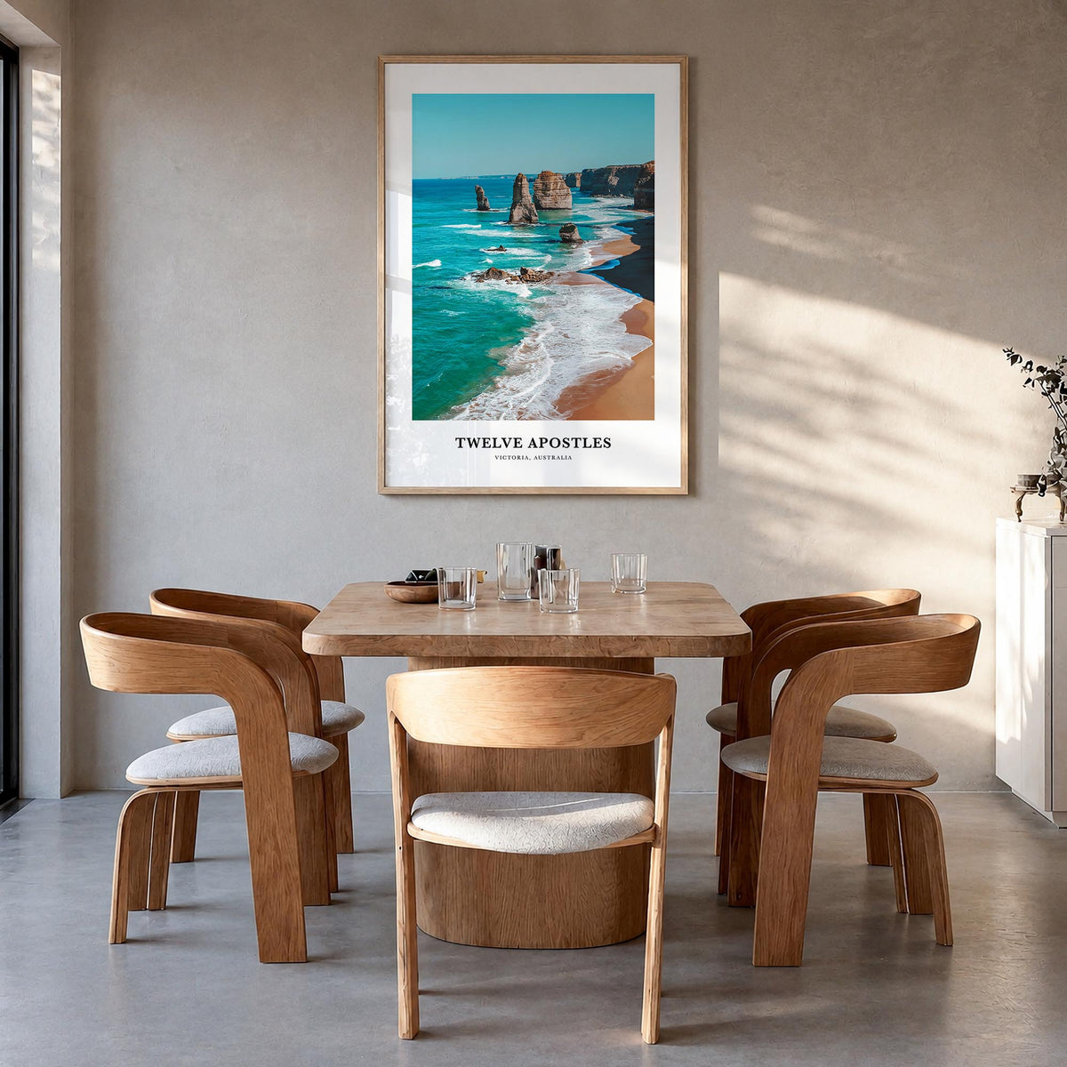 Twelve Apostles colorful classic poster of Australia – vertical wall art in natural wood frame, hanging on wall