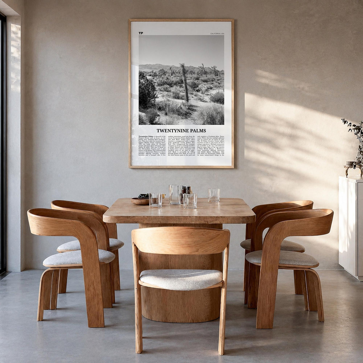 Twentynine Palms black & white newspaper poster of California, USA – vertical wall art in natural wood frame, hanging on wall