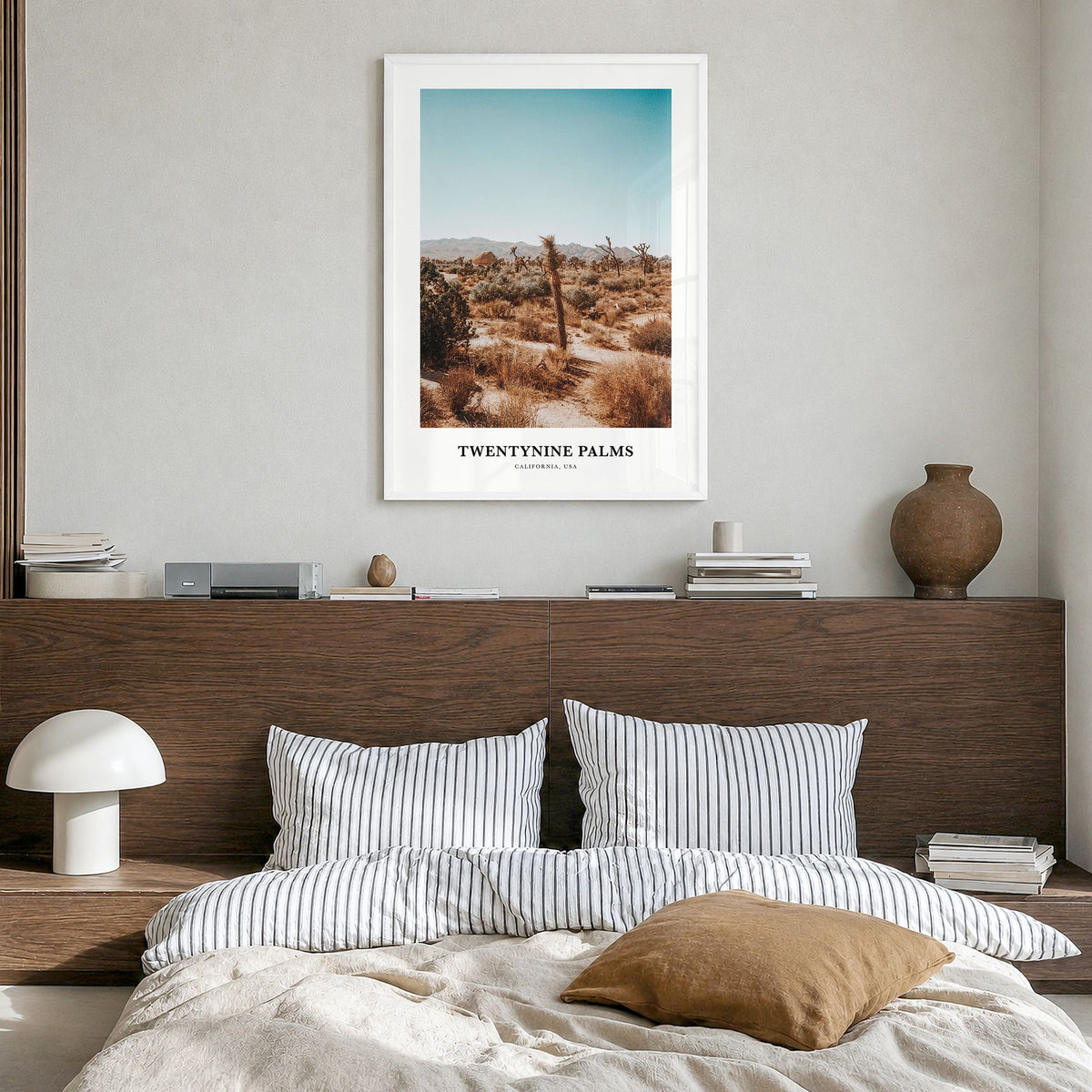 Twentynine Palms Classic Poster in a white wood frame, hanging in a bedroom