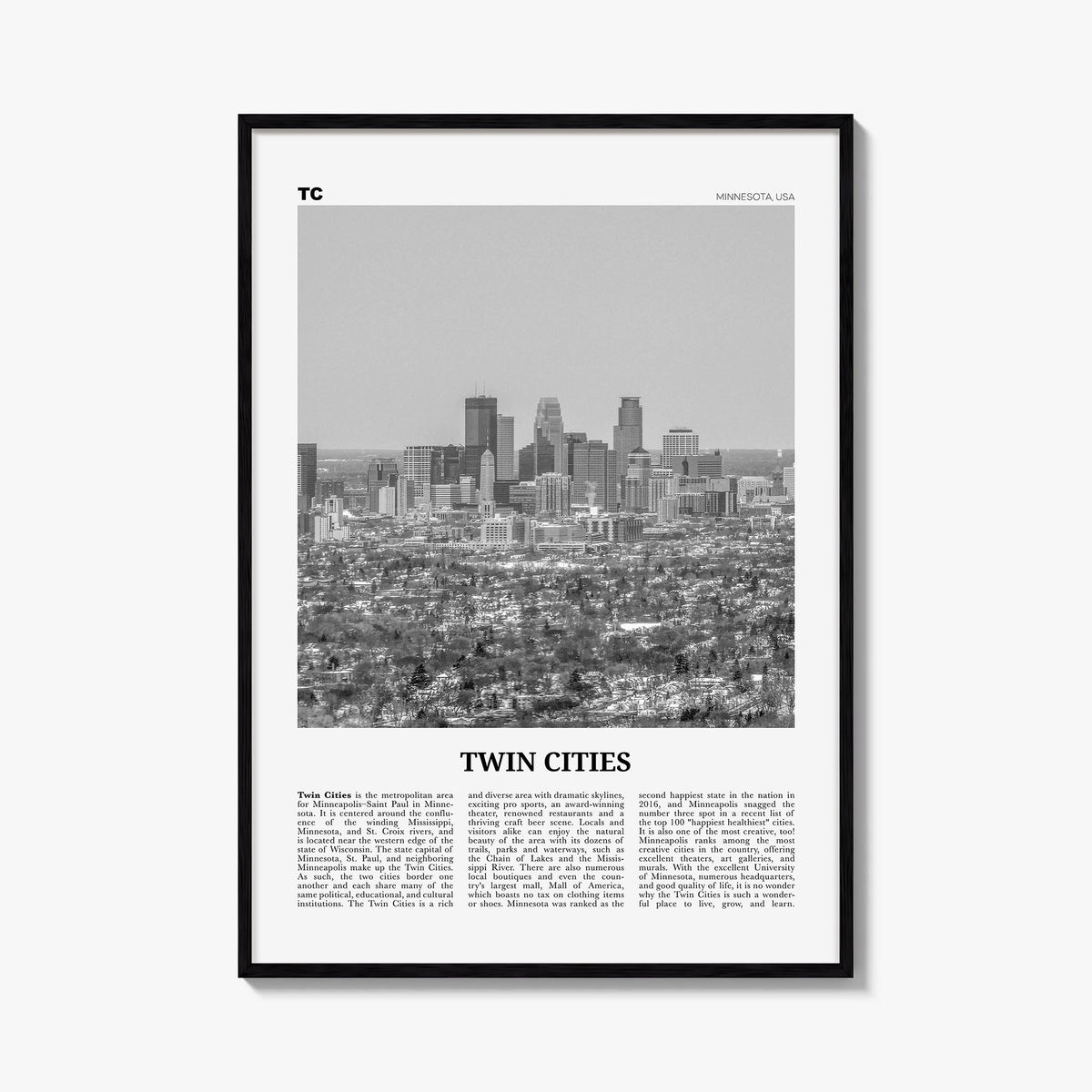 Twin Cities black & white newspaper poster of Minnesota, USA – vertical wall art, unframed print shown in interior mockup