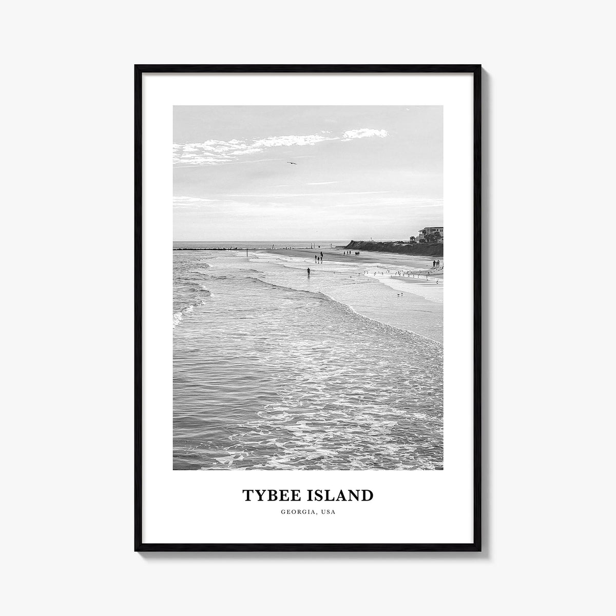 Tybee Island black & white classic poster of Georgia, USA – vertical wall art, unframed print shown in interior mockup