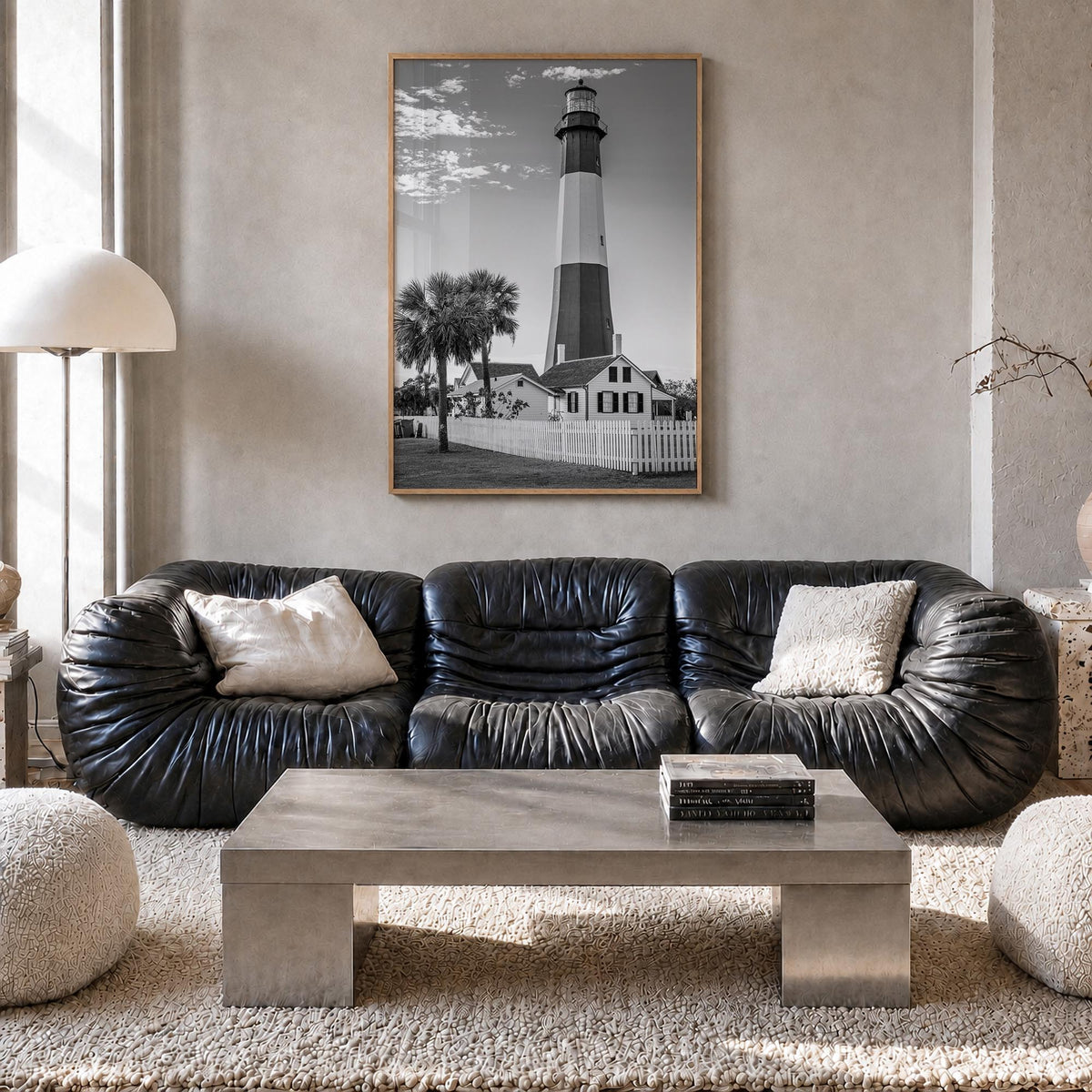 Tybee Island black & white photo poster of Georgia, USA – vertical wall art in natural wood frame, hanging on wall