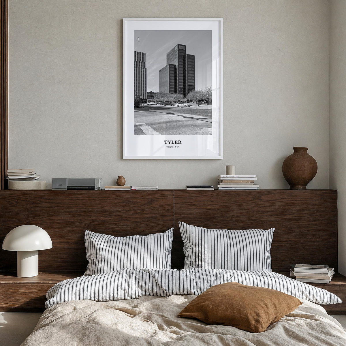 Tyler black & white classic poster of Texas, USA – vertical wall art in white wood frame, hanging on wall