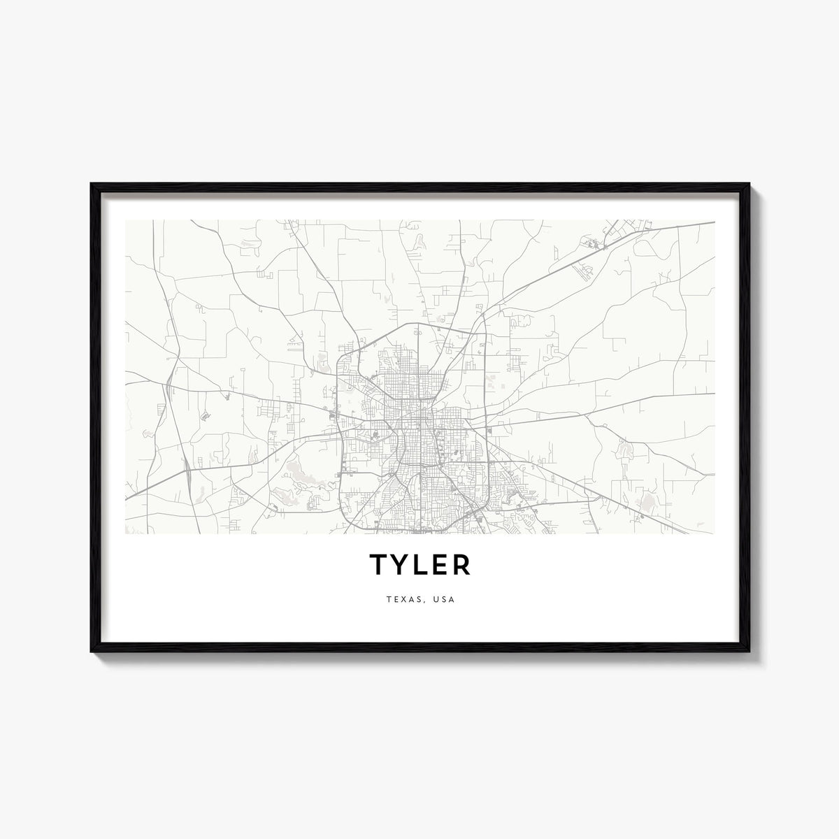Tyler black & white map poster of Texas, USA – horizontal wall art, unframed print shown in interior mockup