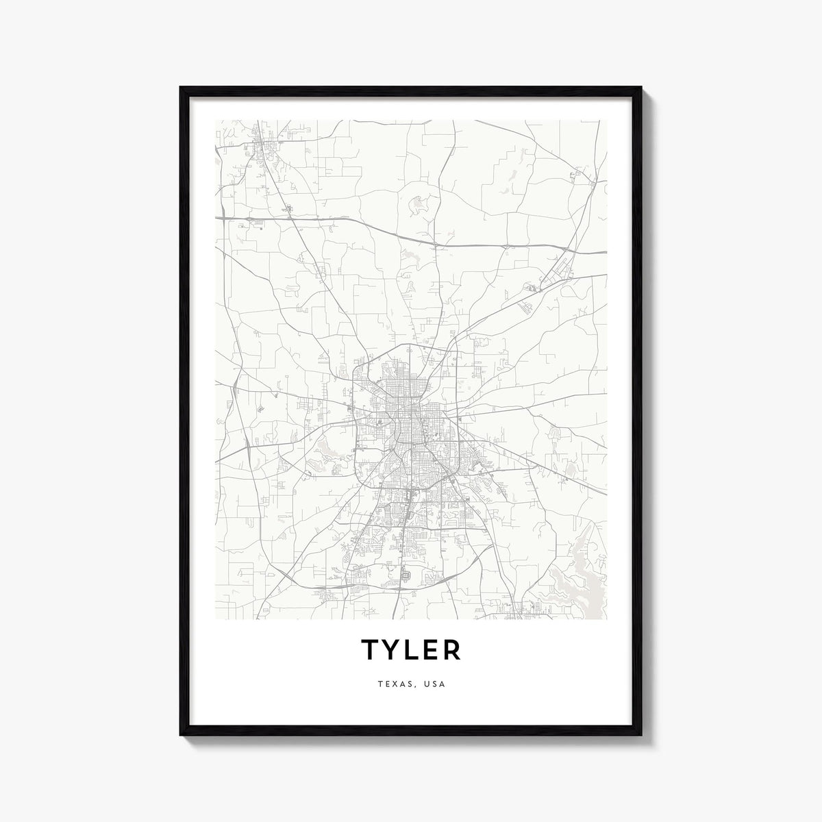 Tyler black & white map poster of Texas, USA – vertical wall art, unframed print shown in interior mockup