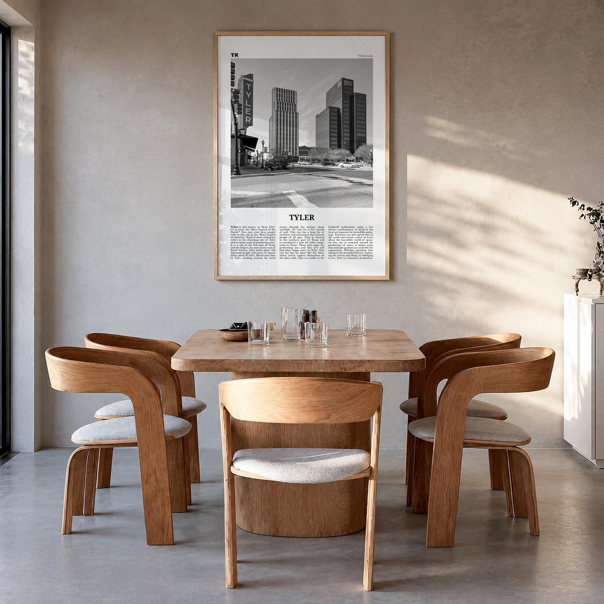 Tyler black & white newspaper poster of Texas, USA – vertical wall art in natural wood frame, hanging on wall