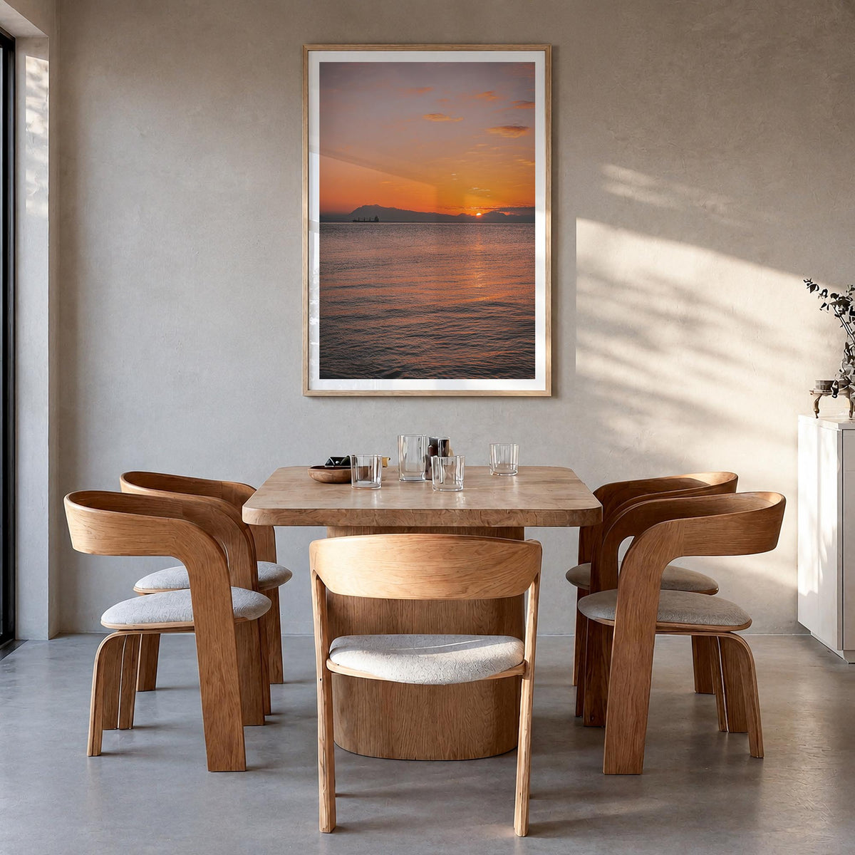 Tyrrhenian Sea colorful photo poster of Italy – vertical wall art in natural wood frame with white border, hanging on wall