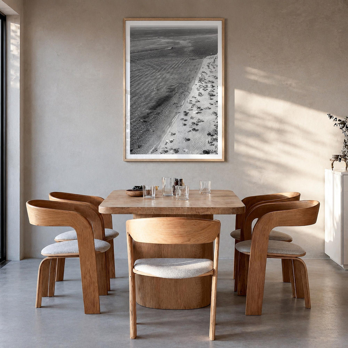 Tyrrhenian Sea no. 1 black & white photo poster of Italy – vertical wall art in natural wood frame with white border, hanging