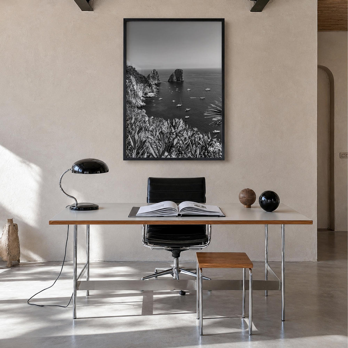 Tyrrhenian Sea no. 2 black & white photo poster of Italy – vertical wall art in black wood frame, hanging on wall