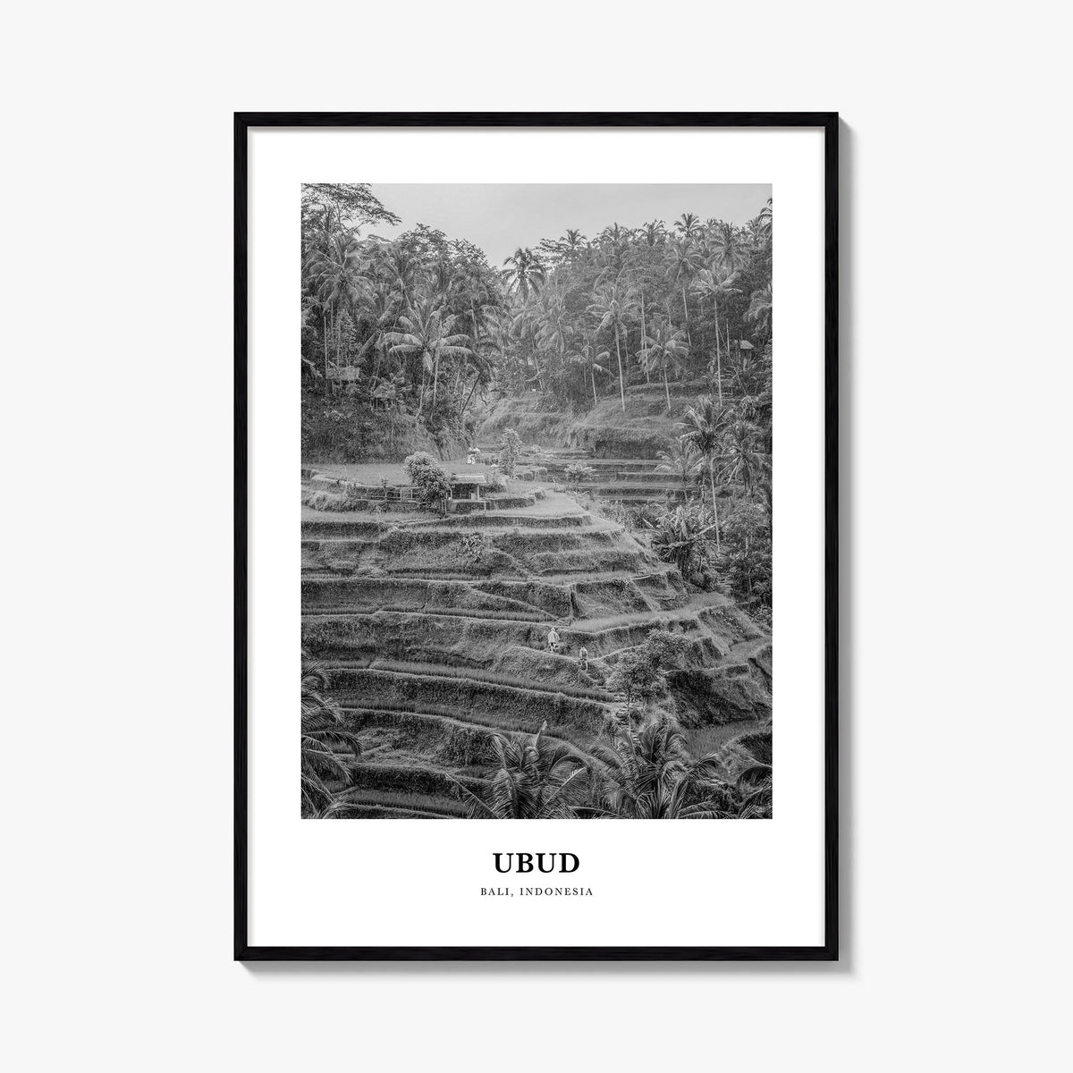 Ubud black & white classic poster of Bali, Indonesia – vertical wall art, unframed print shown in interior mockup