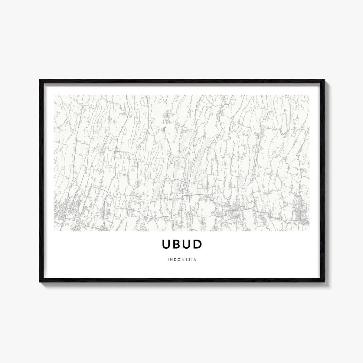 Ubud black & white map poster of Bali, Indonesia – horizontal wall art, unframed print shown in interior mockup
