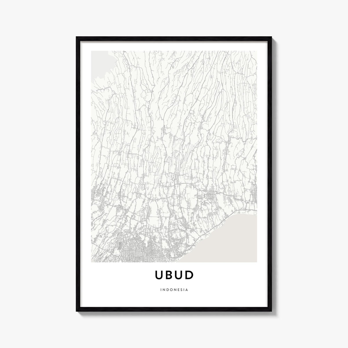Ubud black & white map poster of Bali, Indonesia – vertical wall art, unframed print shown in interior mockup