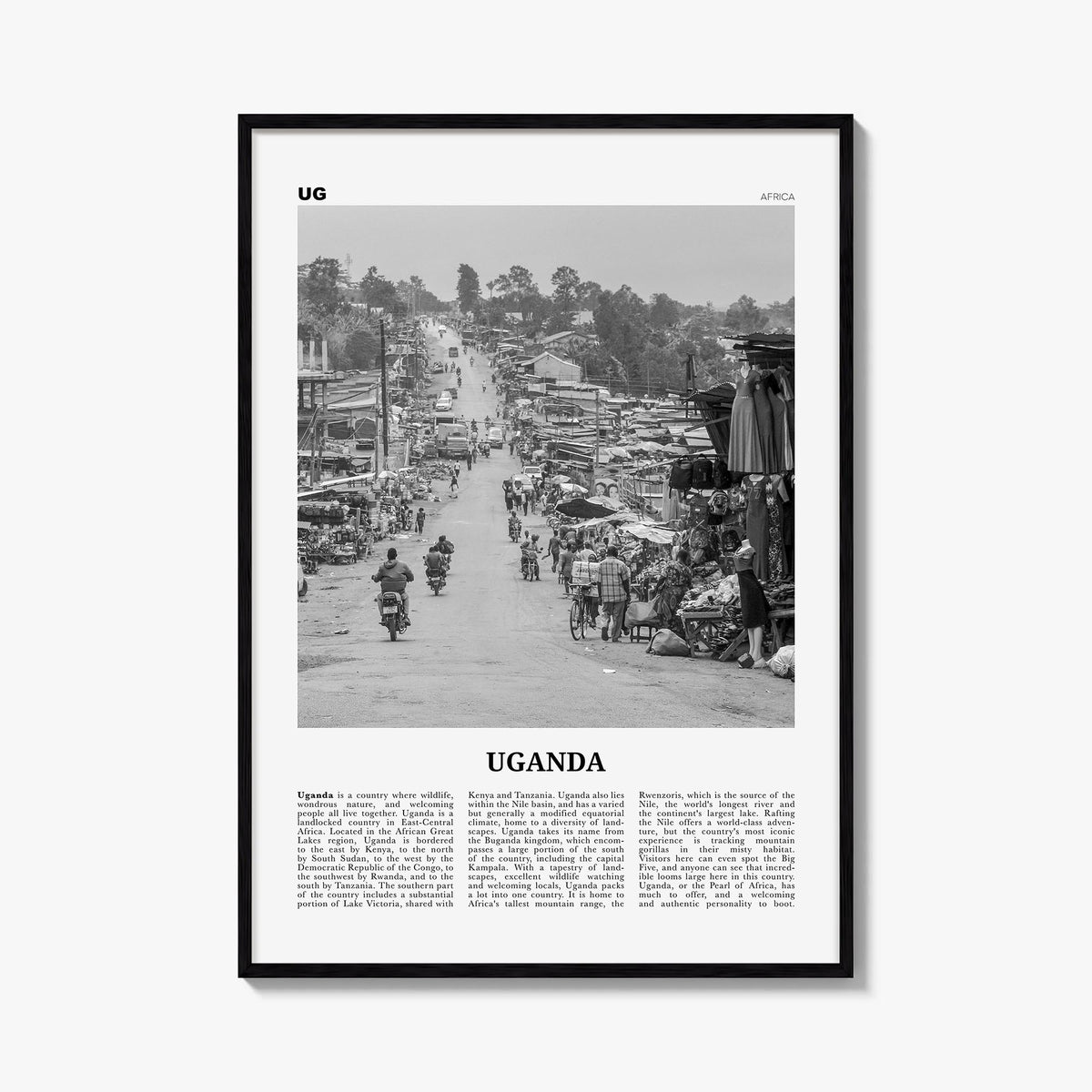 Uganda black & white newspaper poster of Africa – vertical wall art, unframed print shown in interior mockup