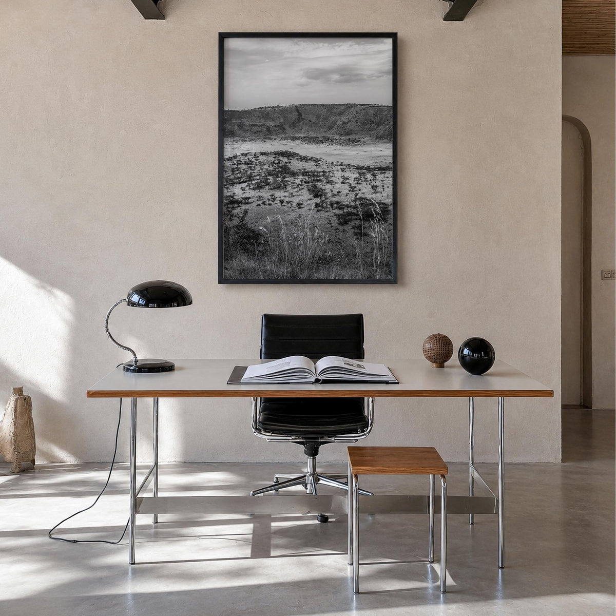 Uganda black & white photo poster of Africa – vertical wall art in black wood frame, hanging on wall