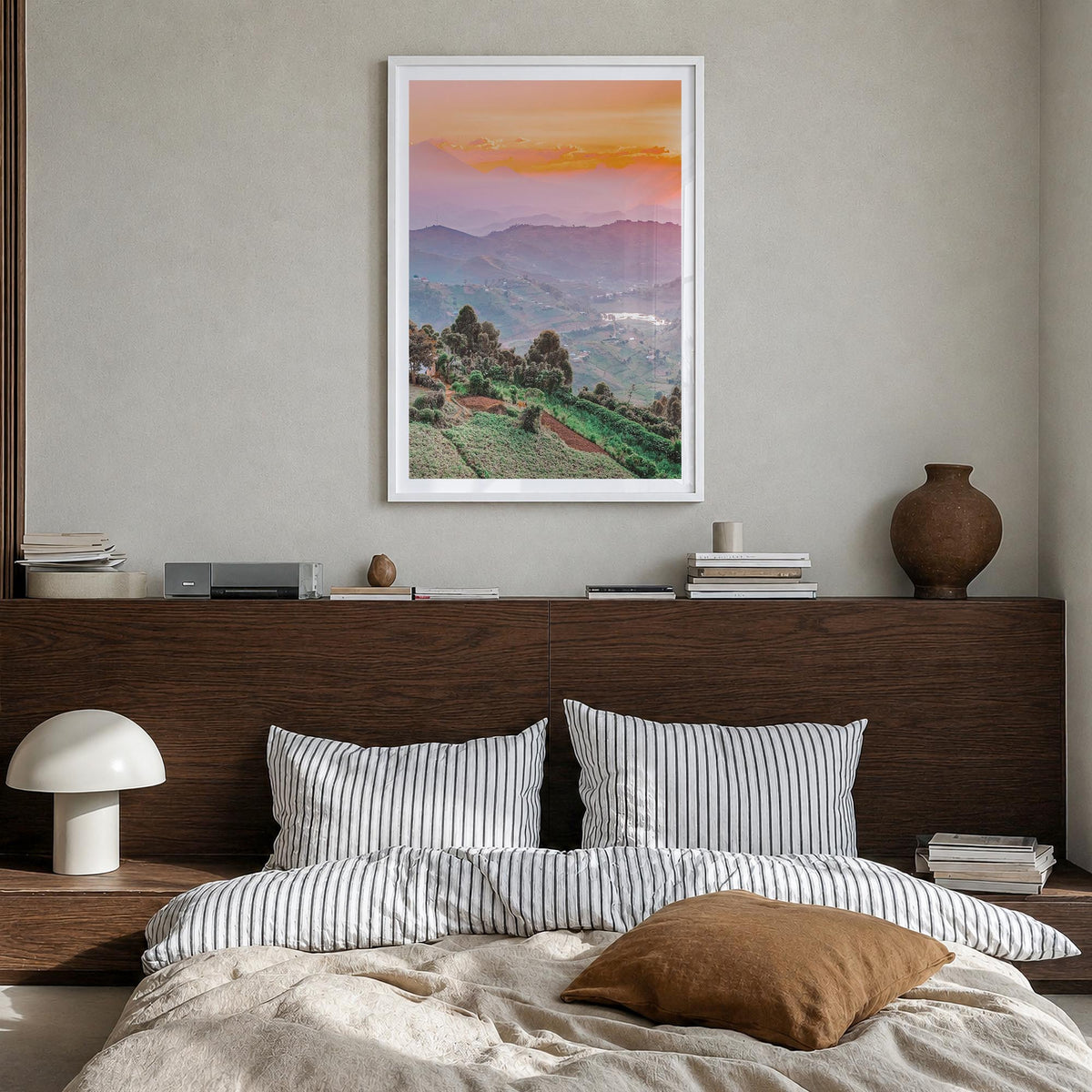 Uganda colorful photo poster of Africa – vertical wall art in white wood frame with white border, hanging on wall