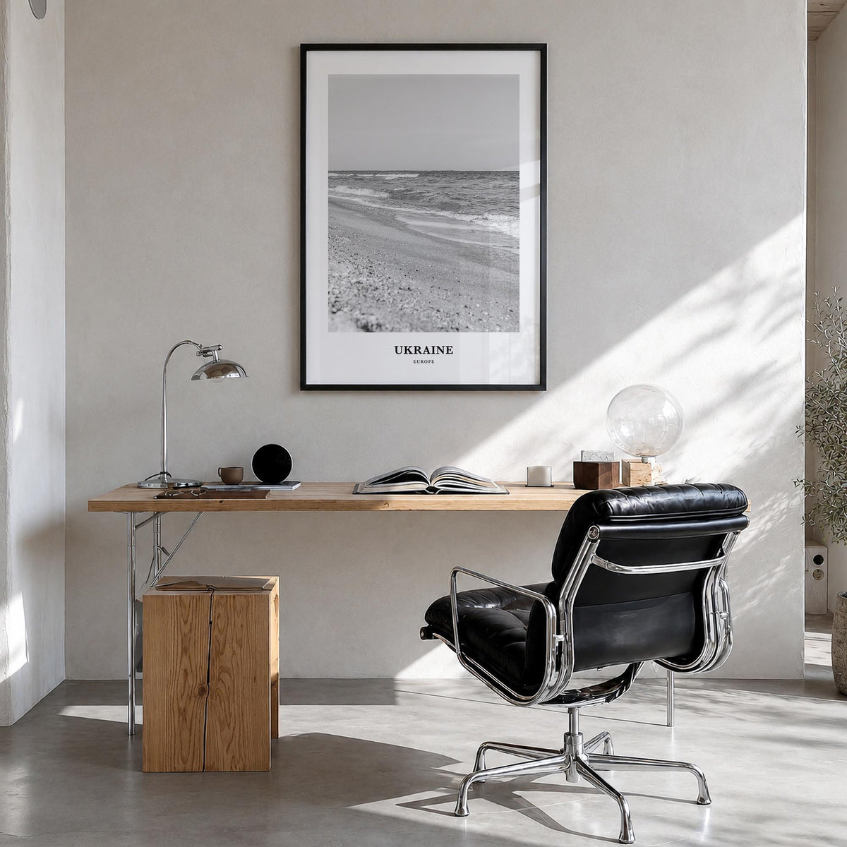 Ukraine no. 1 black & white classic poster of Europe – vertical wall art in black wood frame, hanging on wall