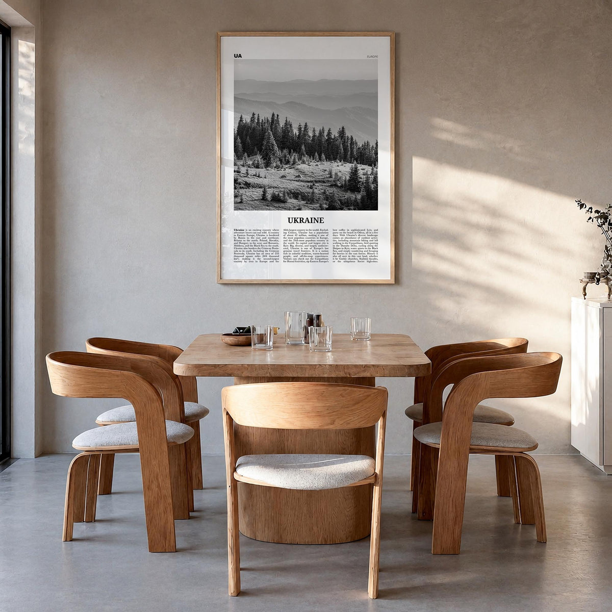 Ukraine no. 2 black & white newspaper poster of Europe – vertical wall art in natural wood frame, hanging on wall