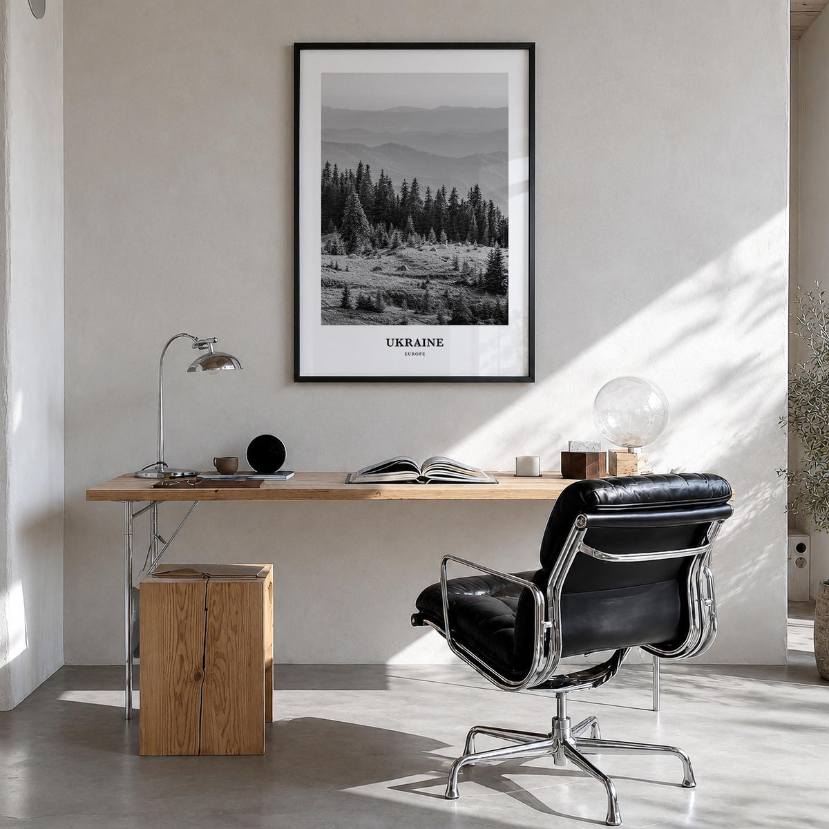 Ukraine no. 3 black & white classic poster of Europe – vertical wall art in black wood frame, hanging on wall