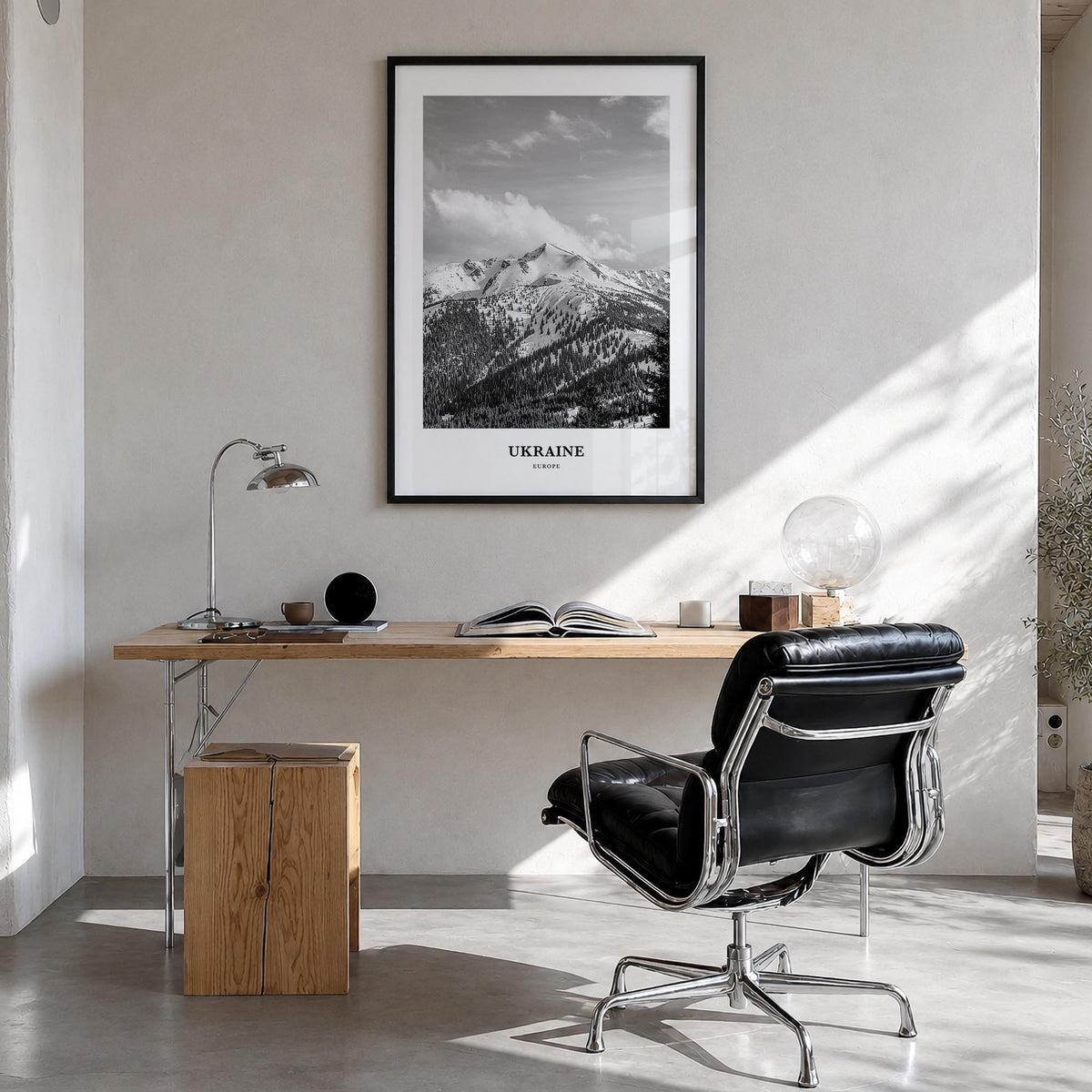 Ukraine no. 4 black & white classic poster of Europe – vertical wall art in black wood frame, hanging on wall