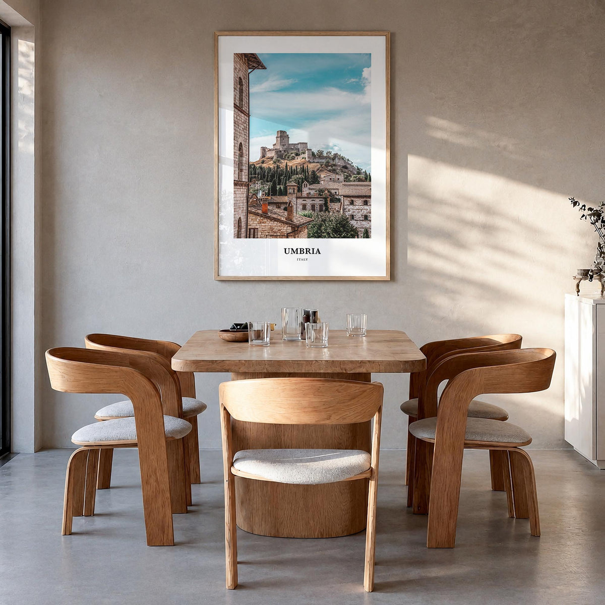 Umbria colorful classic poster of Italy – vertical wall art in natural wood frame, hanging on wall