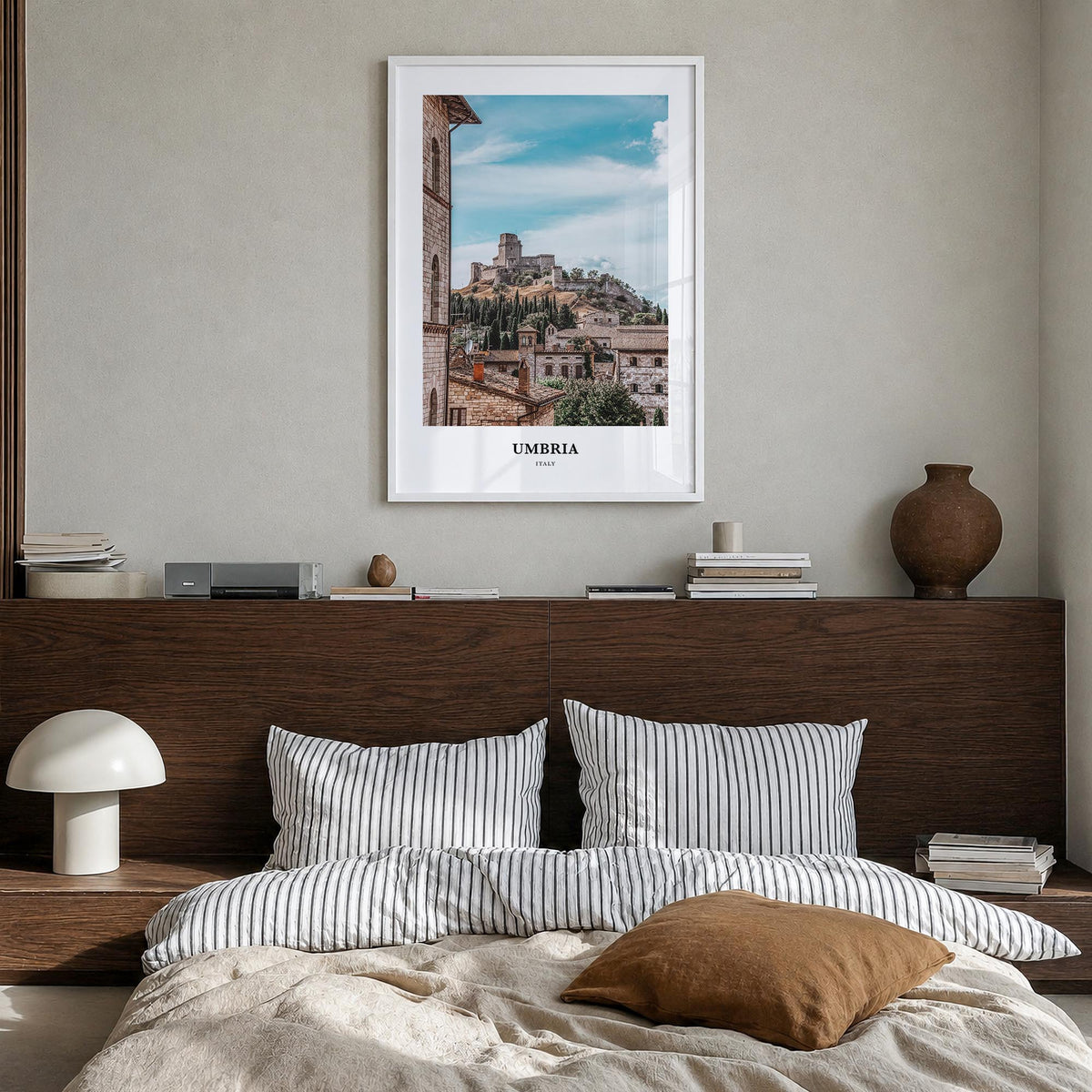 Umbria colorful classic poster of Italy – vertical wall art in white wood frame, hanging on wall