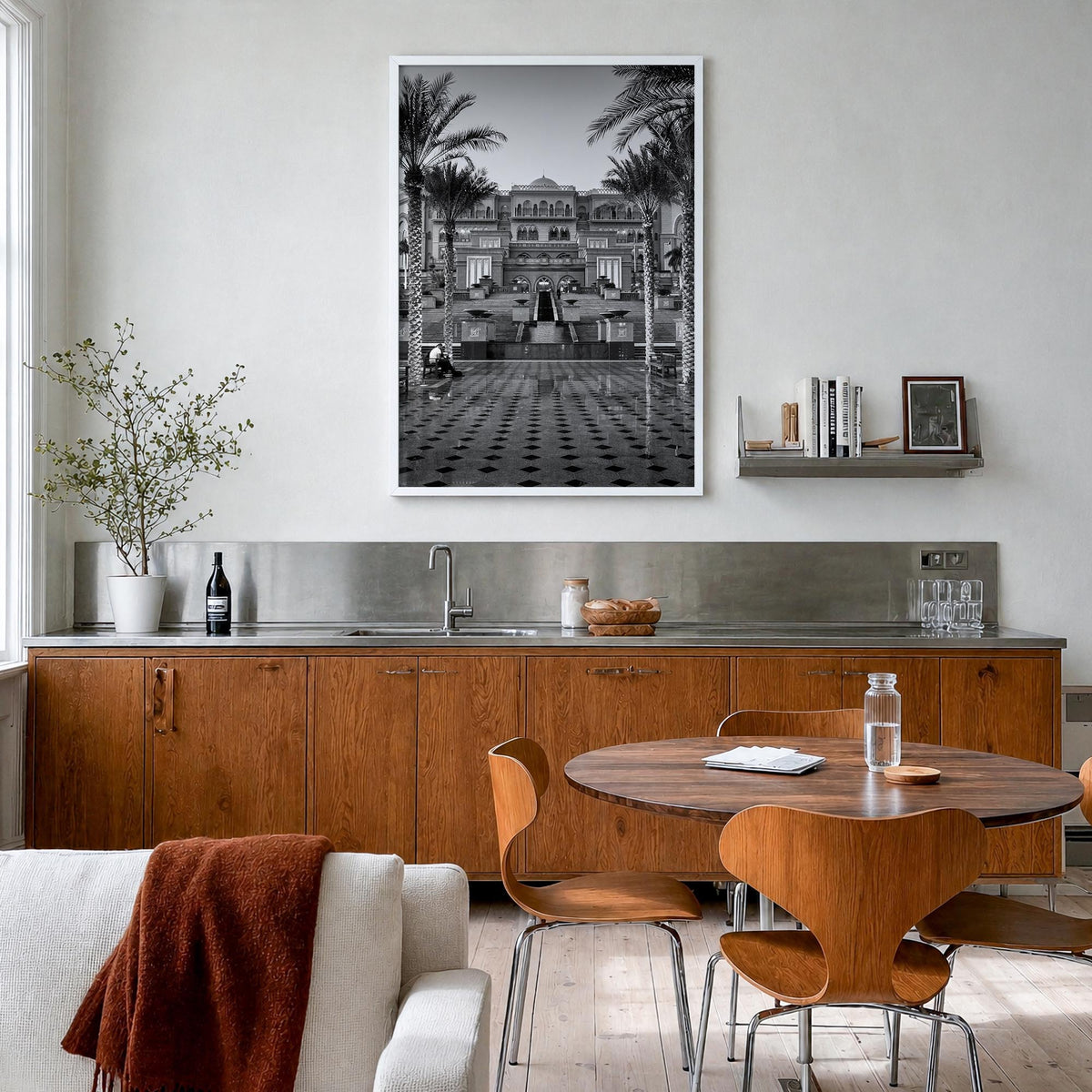 United Arab Emirates black & white photo poster of Middle East – vertical wall art in white wood frame, hanging on wall