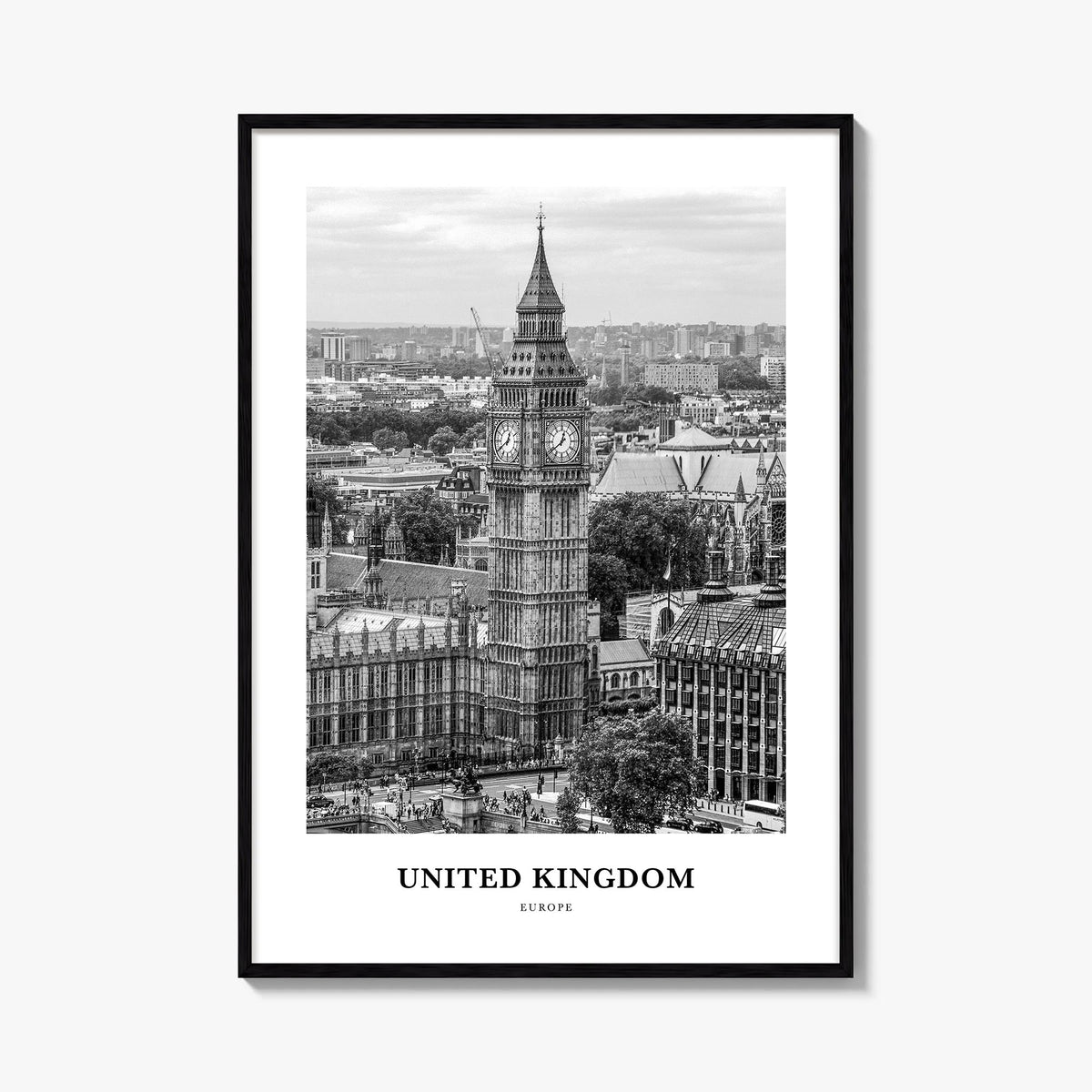 United Kingdom no. 1 black & white classic poster of Europe – vertical wall art, unframed print shown in interior mockup