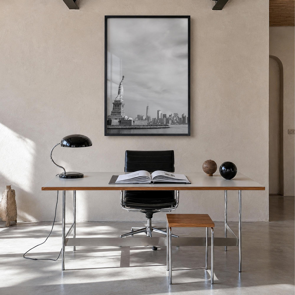 United States of America black & white photo poster of North America – vertical wall art in black wood frame, hanging on wall