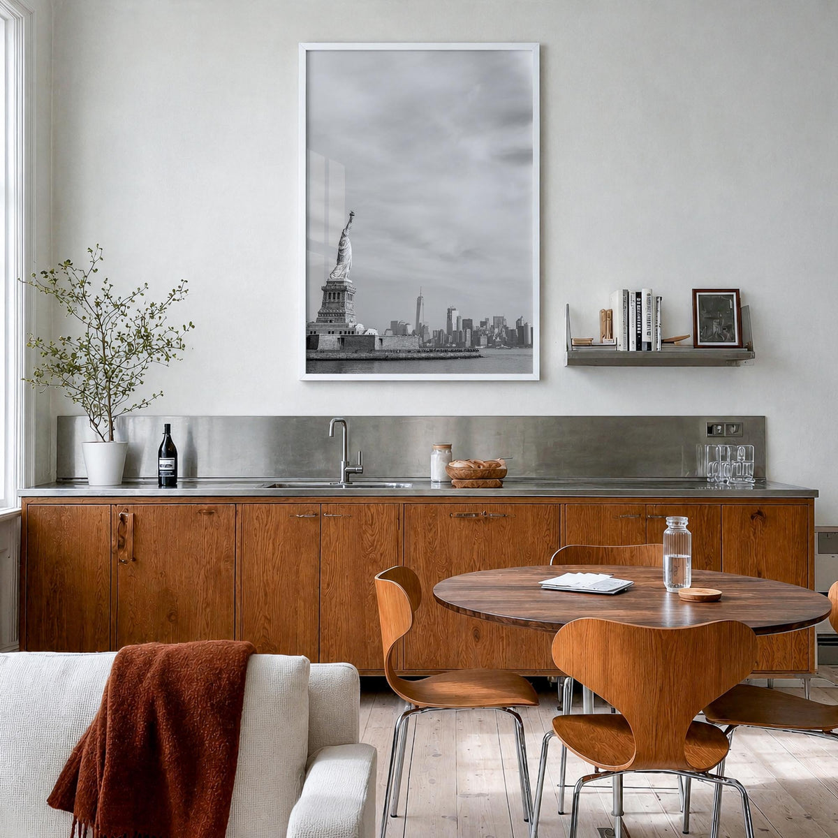 United States of America black & white photo poster of North America – vertical wall art in white wood frame, hanging on wall